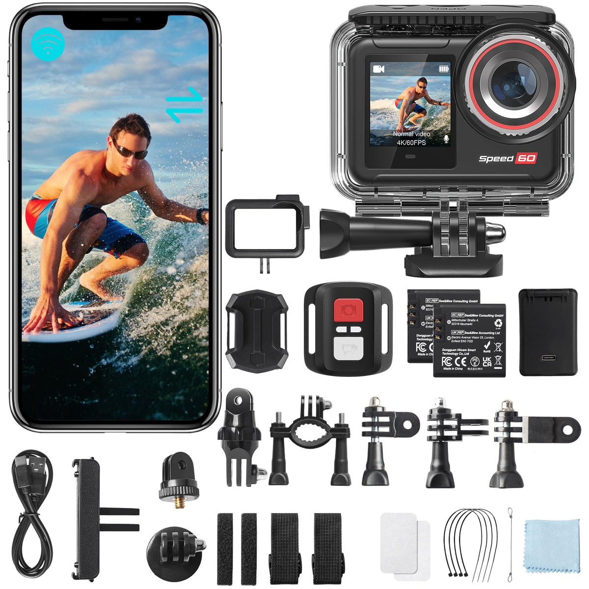 Hiicam Action Camera Speed 60 4K60FPS 48MP WiFi with 2.35" HDR Touch Screen EIS 8X Zoom Remote ControlBare Machine Waterproof 33FT with Waterproof Case 131FT 2x2150mAh Battery 30 Burst Vlog Camera
