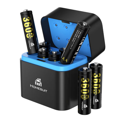 Homesuit Rechargeable Lithium AA Batteries 8-Pack with Fast Charger 3600mWh High Capacity Lithium Batteries AA 1.5V Constant Output Double A Batteries 2000+ Cycles AA Lithium Batteries Rechargeable