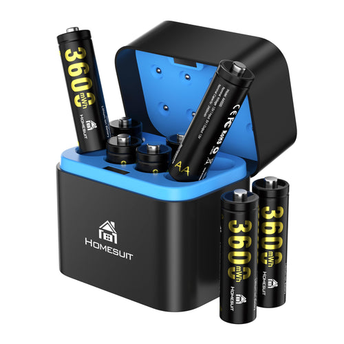 Homesuit Rechargeable Lithium AA Batteries 8-Pack with Fast Charger 3600mWh High Capacity Lithium Batteries AA 1.5V Constant Output Double A Batteries 2000+ Cycles AA Lithium Batteries Rechargeable