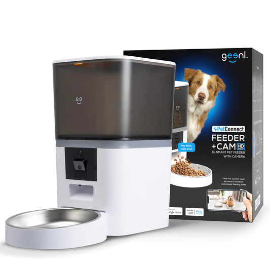 Geeni 6L Smart Pet Feeder with Camera 1080p HD Night Vision Two-Way Audio Pre-Recorded Messages WiFi Enabled Voice Control with Alexa & Google Home Automatic Cat & Dog Food Dispenser White